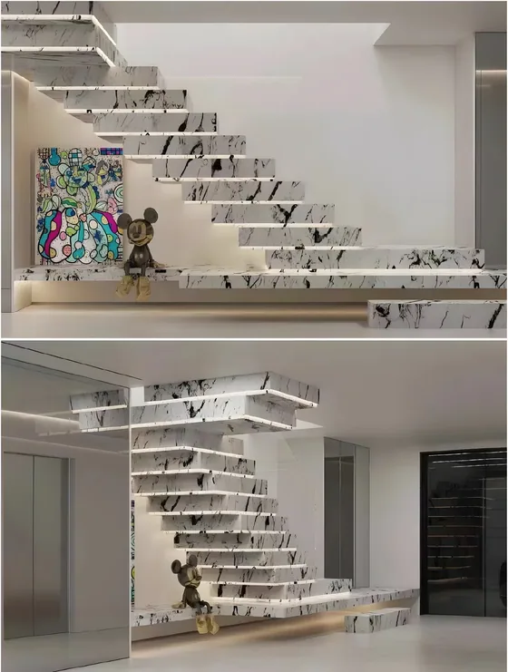 Cantilevered marble flight, book-matched marble treads (ST-09)
