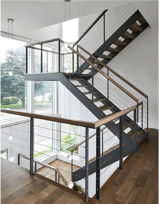 Steel switchback with cable balustrade, steel stringer, stainless cable, oak handrail (ST-10)