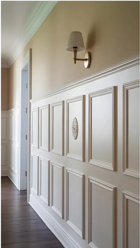 Two-tier framed wainscoting, painted mdf, chair rail (WP-03)