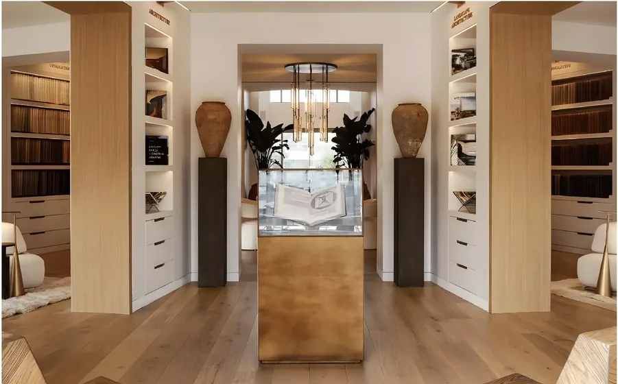 Walk-in dressing room in pale oak, oak veneer, island, open shelving (WR-02)
