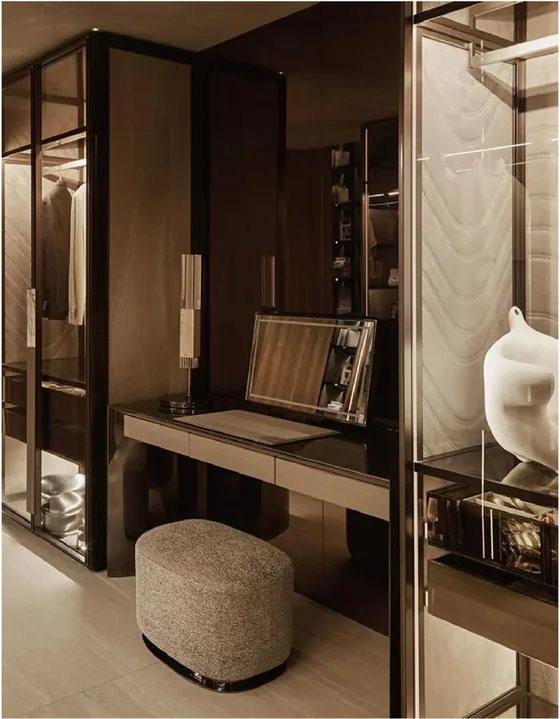 Glass corner dressing room, bronze frame, glass doors, vanity (WR-06)