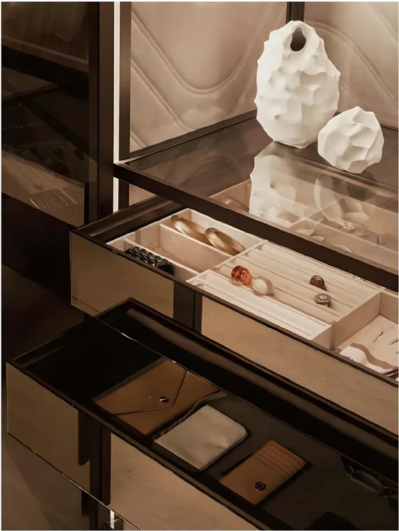 Glass-top accessory drawer, bronzed glass, timber insert tray (WR-09)