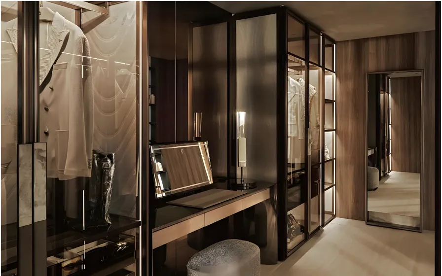 Glass dressing room with vanity island, bronze frame, glass, timber (WR-10)