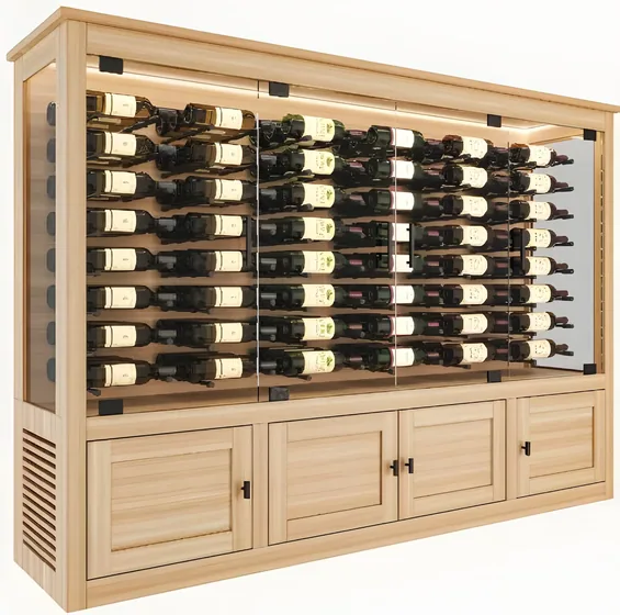 Wine wall cabinet in pale oak, oak carcass, climate unit, louvred base (WN-02)