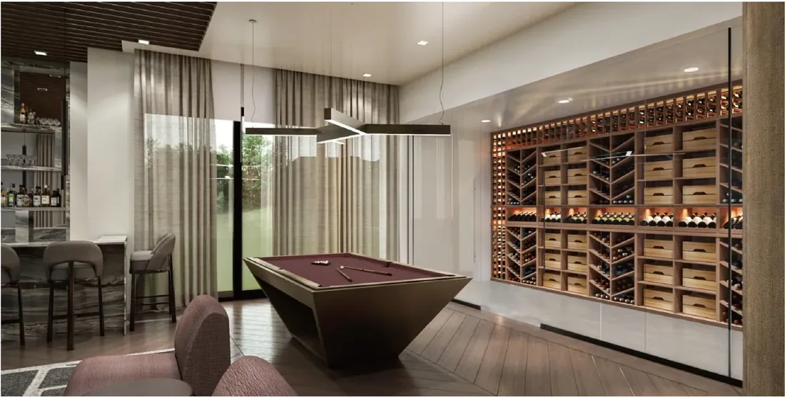 Glazed wine wall to a games room, glass enclosure, timber racking (WN-03)