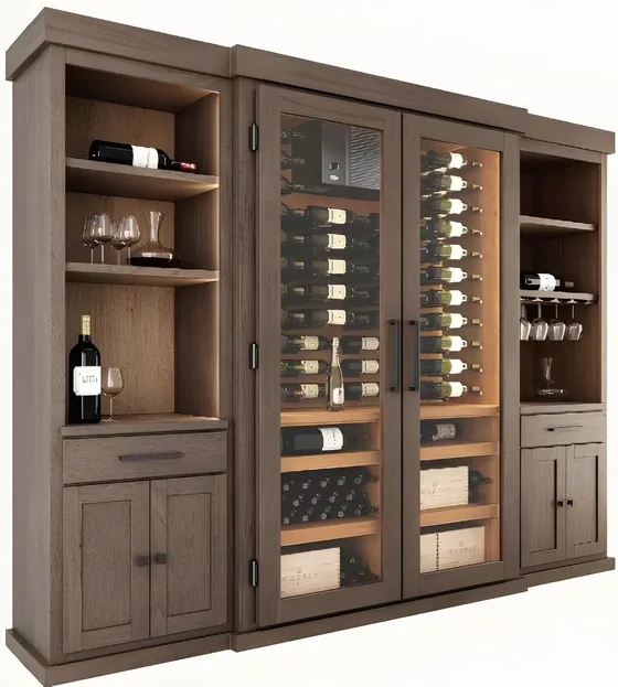 Wine cabinet with bar shelving, oak carcass, glazed doors, open bar (WN-09)