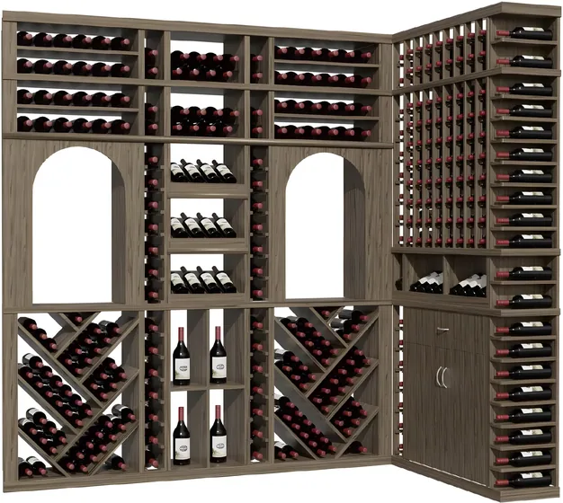 Corner wine rack system, oak racking, arch niches, diamond bins (WN-10)