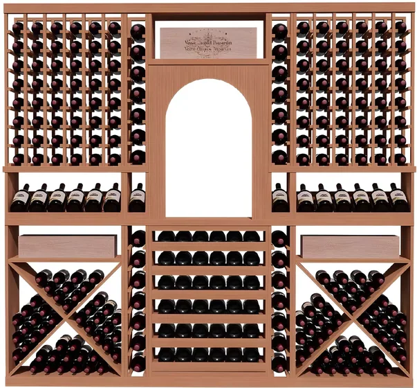 Wine wall with arch niche, mahogany racking, diamond bins (WN-11)