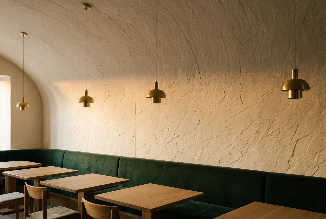 Restaurant interior where the stone-textured surface runs from the wall over a vaulted ceiling