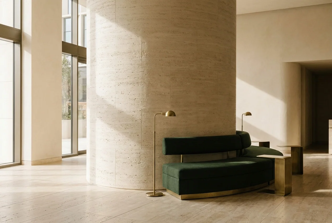 Hotel lobby column wrapped seamlessly in pale travertine-textured flexible stone