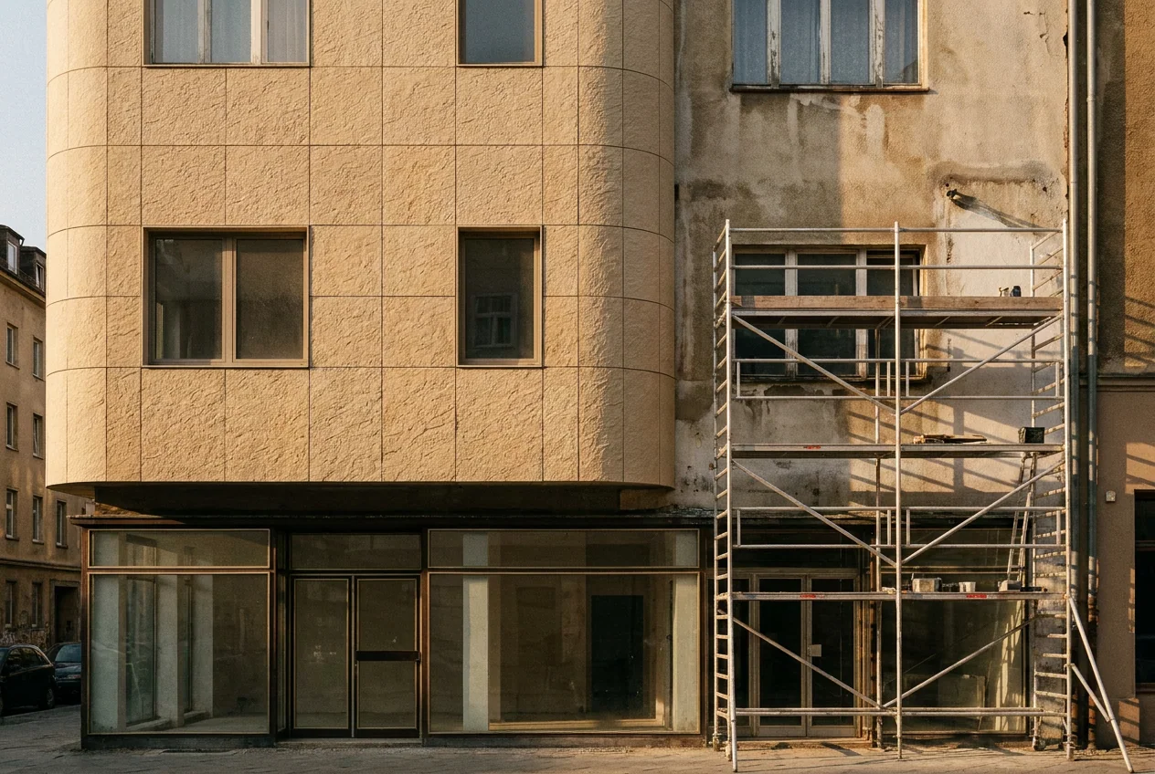 Older building half re-clad in warm sand flexible stone, scaffold still standing on the untouched half