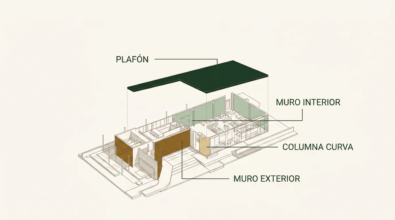 Diagrama axonométrico de un edificio con piedra flexible en el plafón, el muro interior, la columna curva y el muro exterior