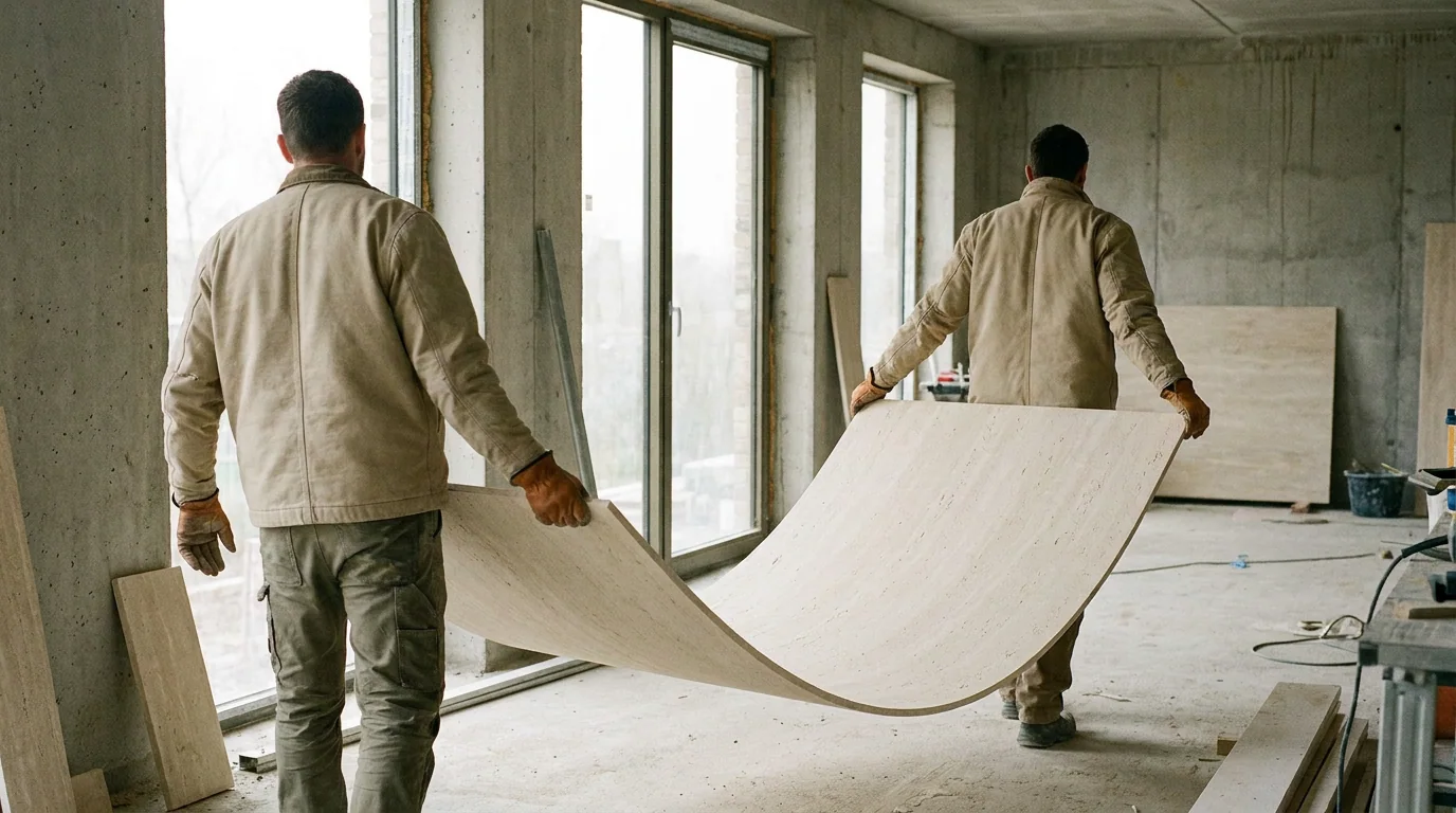 Two workers carrying a large sheet of flexible stone that bends under its own weight