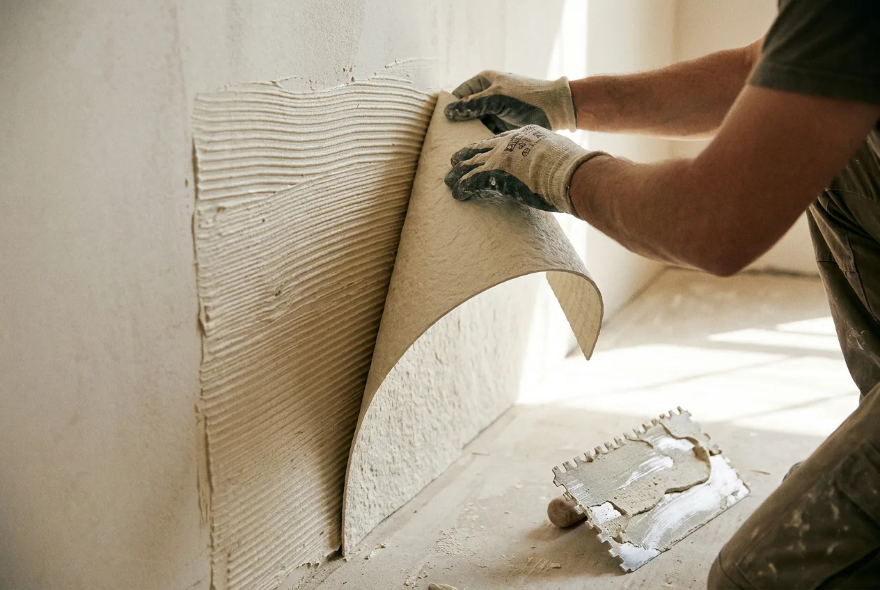 Gloved hands pressing a thin flexible stone sheet onto a wall combed with adhesive