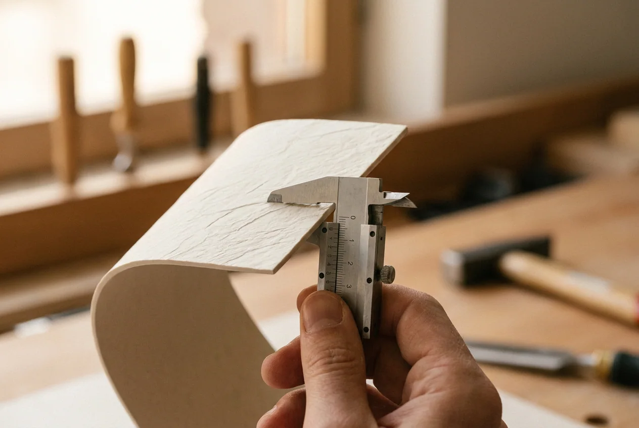A caliper on the edge of a flexible stone sheet, showing how thin it is